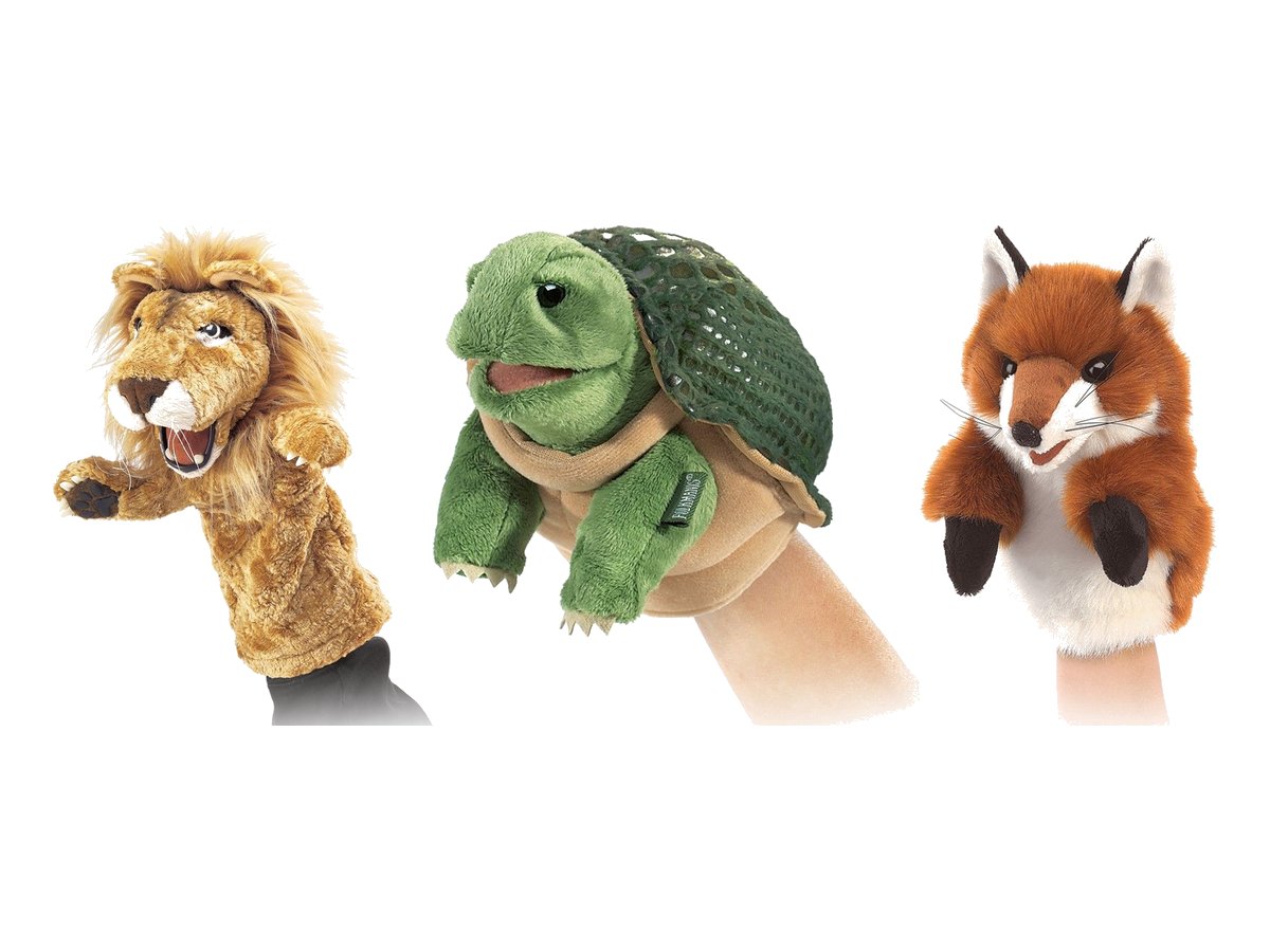 Folkmanis-Bühnenhandpuppen Löwe, Schildkröte und Fuchs