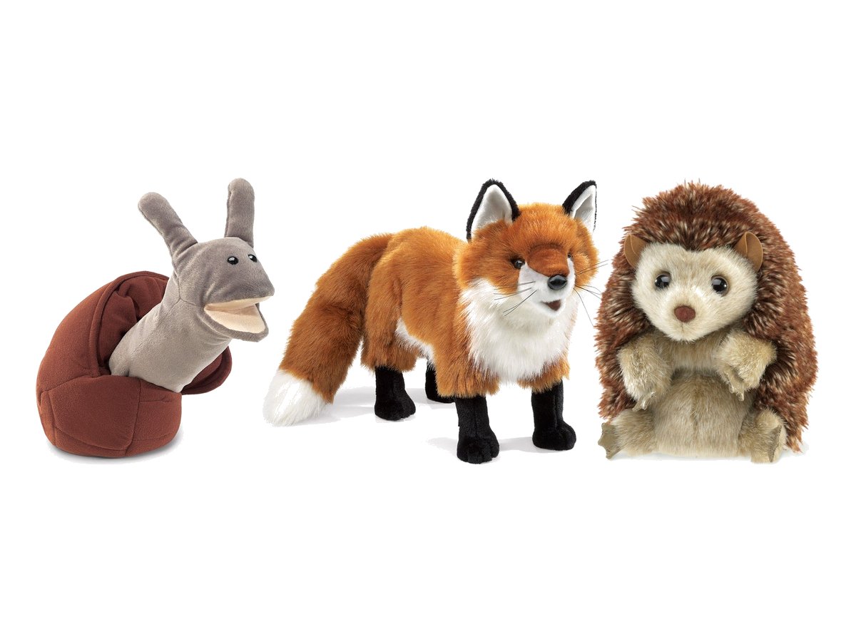 Folkmanis-Handpuppen Schnecke, großer Rotfuchs und Igel